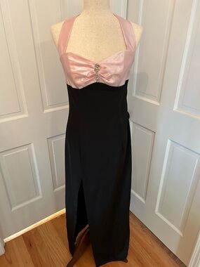Y2K Jessica McClintock Gunne Sax Prom Dress Pink Black Satin Halter Maxi Slit 7